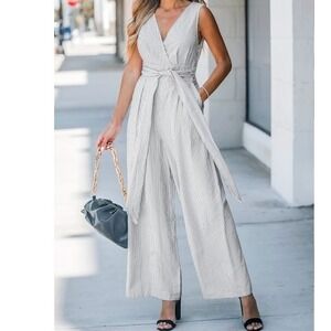 Cupshe Women's 100%‎ Cotton Small Striped Sleeveless Jumpsuit Wide Leg Casual